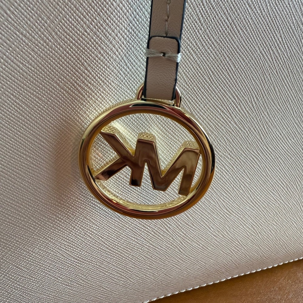 Michael Kors Marilyn Leather Medium Tote Bag LT Cream Gold MK Logo - Picture 9 of 16
